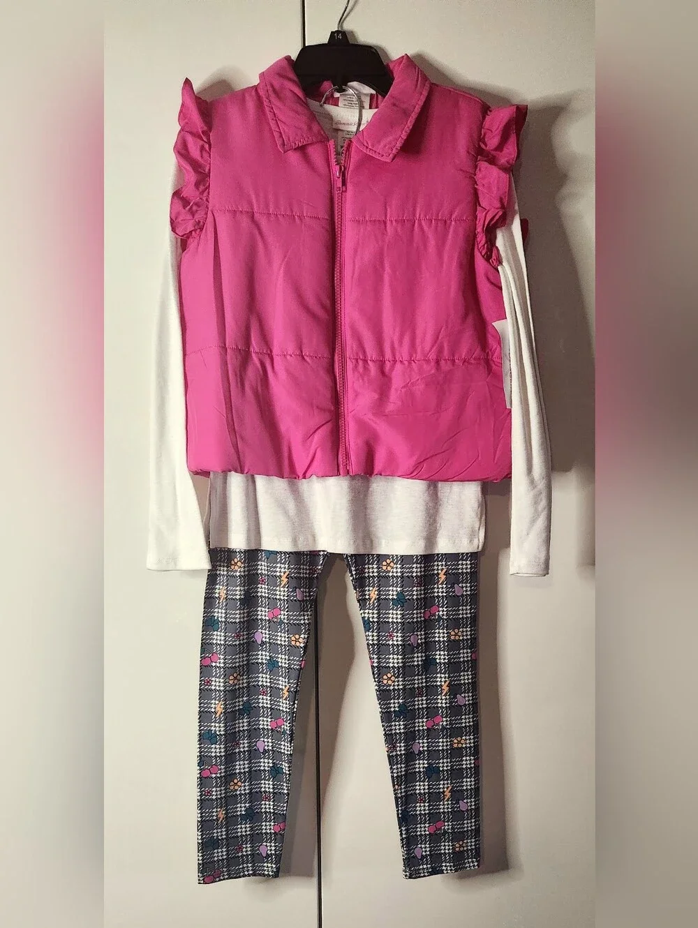 Bonnie Jean Pink Puffer Vest and Plaid Legging Set